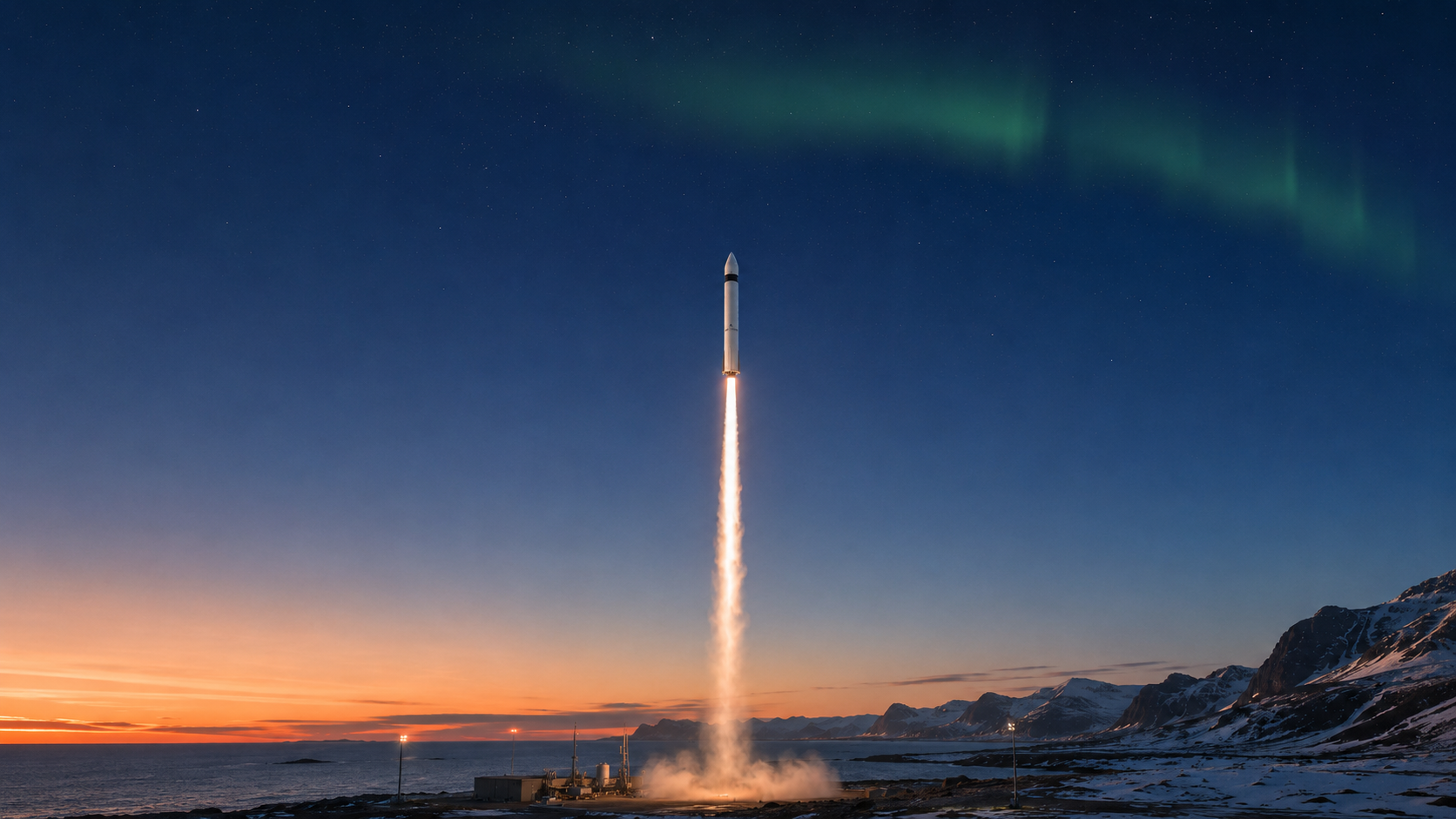 A reusable rocket lifting off at dusk beneath the aurora, snow-capped coastline below