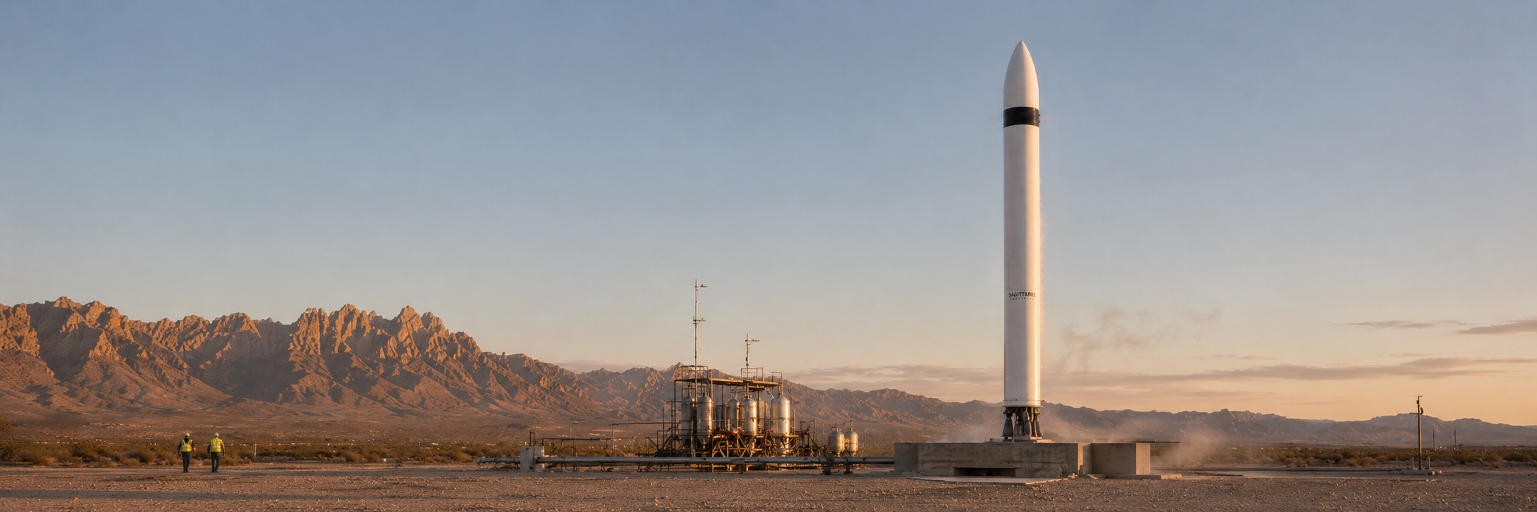 Yellowstone on the pad at sunrise — desert horizon and ground support equipment